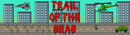 Trail of the Dead: a soldier faces a horde of zombies on a city road while a jet and a helicopter fly overhead